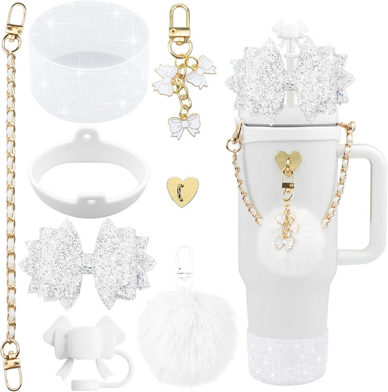 SEMATA Bling Accessories for Stanley Cup 40oz & 30oz Tumbler Including Silicone Cute Bow Straw Topper Cover, Silicone Boot for Stanley Cup,Leather Water Bottle Handle Strap, Charms(Pure White) - Image 1
